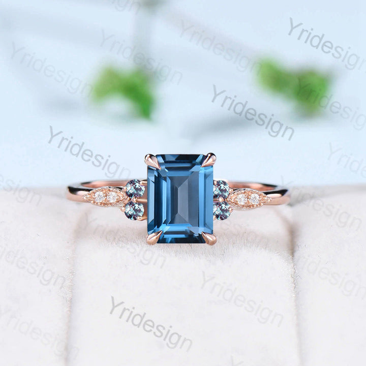 Vintage Emerald Cut London Blue Topaz Ring Set Silver Rose Gold Unique Topaz Alexandrite Engagement Ring Art Deco Wedding Ring Set For Women - PENFINE