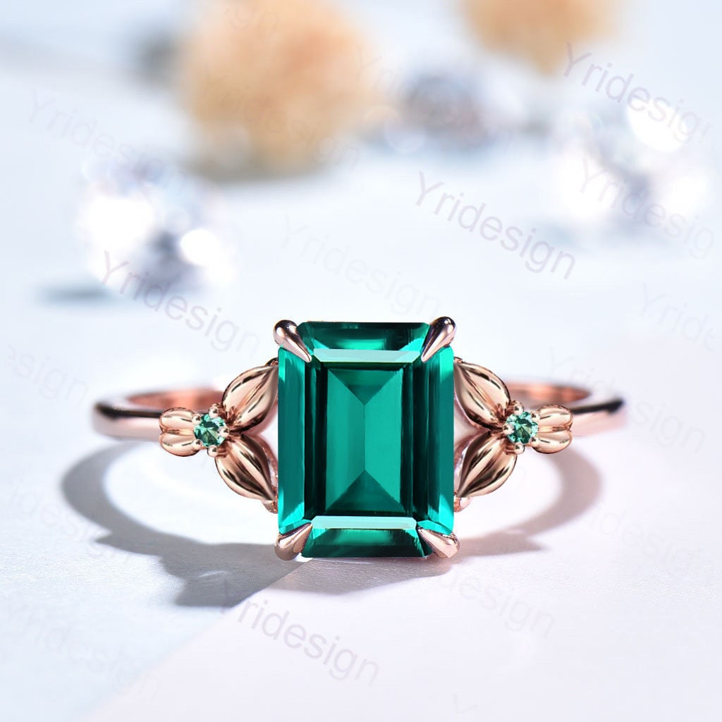 Vintage Emerald Cut Emerald Engagement Ring Natural Inspired Emerald Wedding Ring For Women Unique Floral Leaves Promise Ring Gift for Women - PENFINE