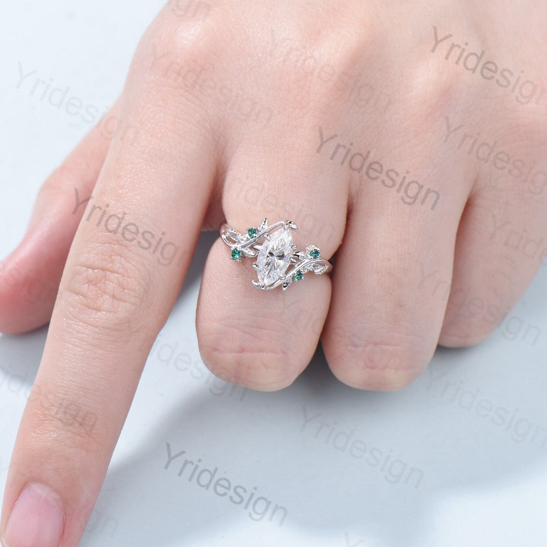 Elegant Moissanite Engagement Ring Marquise Cut Vintage Unique Twig Leaf Cluster Emerald Wedding Ring for Women Natural inspired Branch Ring - PENFINE