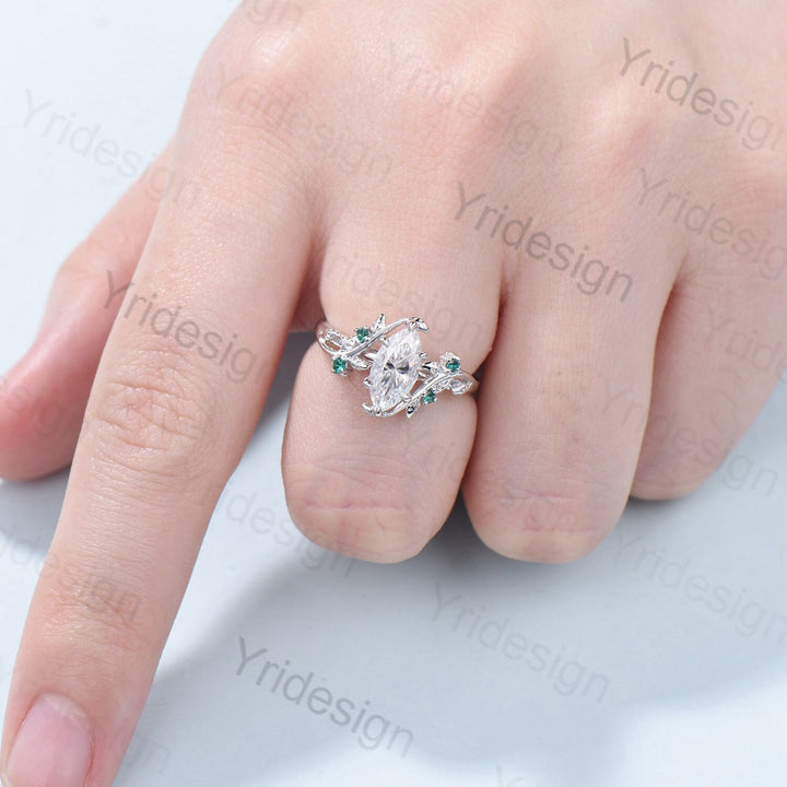 Elegant Moissanite Engagement Ring Marquise Cut Vintage Unique Twig Leaf Cluster Emerald Wedding Ring for Women Natural inspired Branch Ring - PENFINE