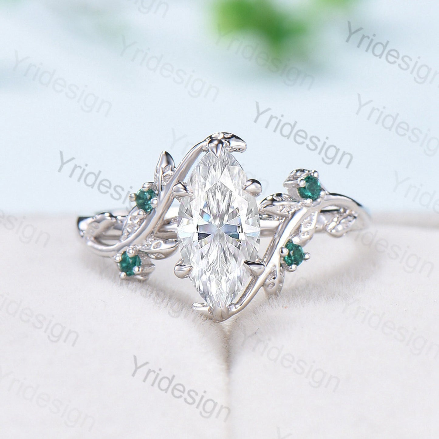 Elegant Moissanite Engagement Ring Marquise Cut Vintage Unique Twig Leaf Cluster Emerald Wedding Ring for Women Natural inspired Branch Ring - PENFINE