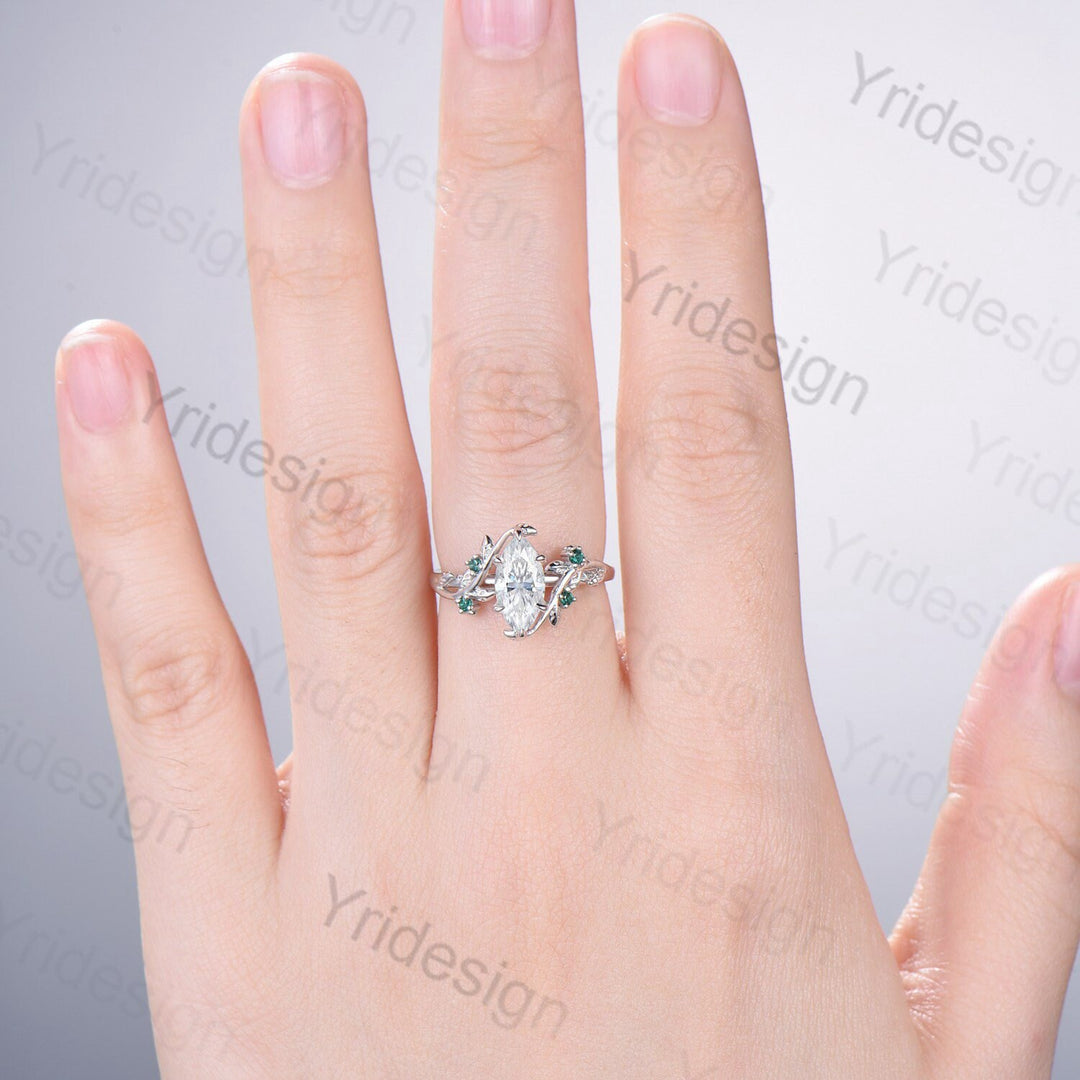 Elegant Moissanite Engagement Ring Marquise Cut Vintage Unique Twig Leaf Cluster Emerald Wedding Ring for Women Natural inspired Branch Ring - PENFINE