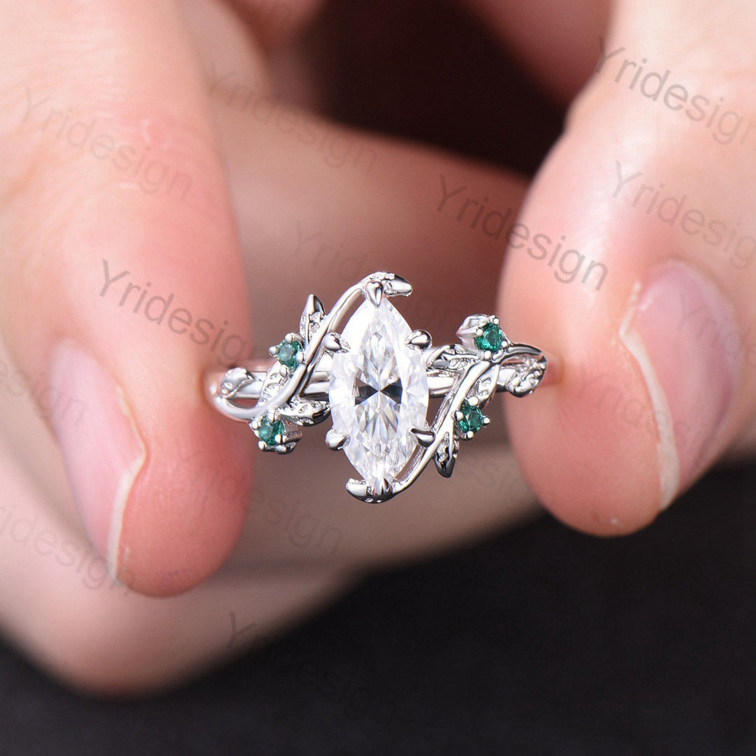 Elegant Moissanite Engagement Ring Marquise Cut Vintage Unique Twig Leaf Cluster Emerald Wedding Ring for Women Natural inspired Branch Ring - PENFINE