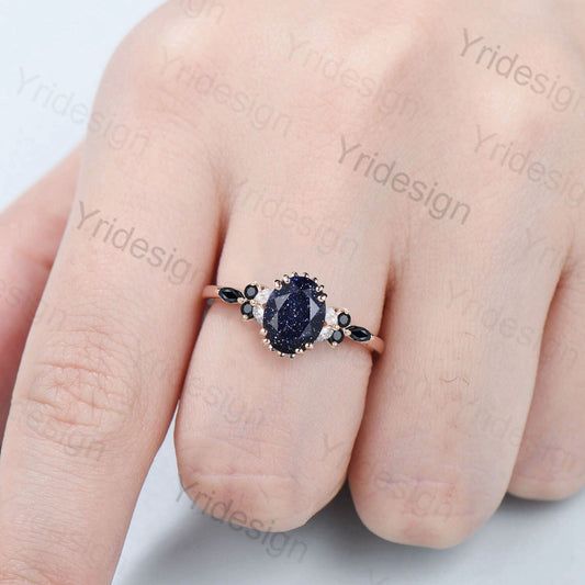 Unique Oval Cut Blue Sandstone Ring Vintage Galaxy Blue Goldstone Engagement Ring Floral black Spinel Wedding Ring for Women Promise Ring - PENFINE