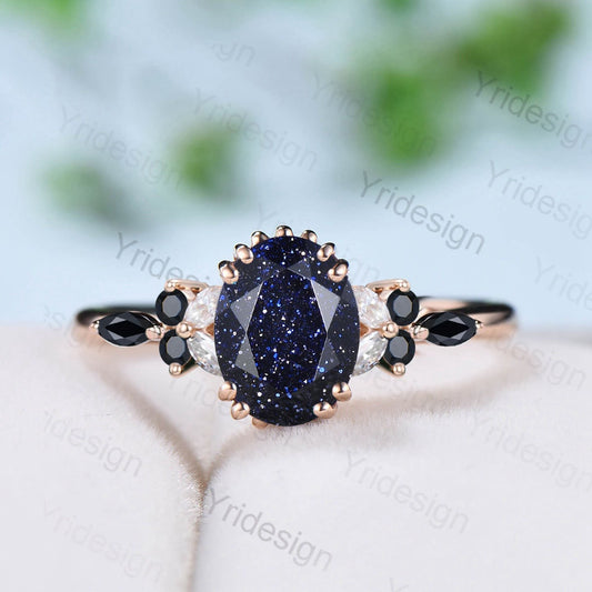 Unique Oval Cut Blue Sandstone Ring Vintage Galaxy Blue Goldstone Engagement Ring Floral black Spinel Wedding Ring for Women Promise Ring - PENFINE