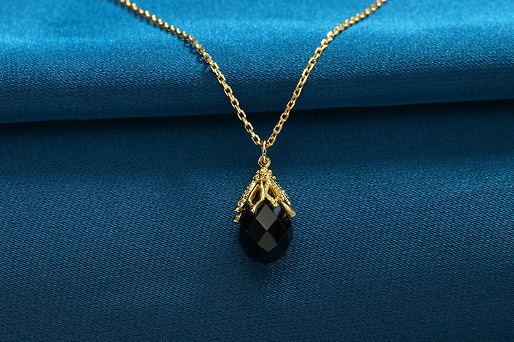 Vintage black onyx pendant necklace Unique rhombus solid 9k/14k/18k yellow gold black stone pendant floral pendant necklace for girl - PENFINE