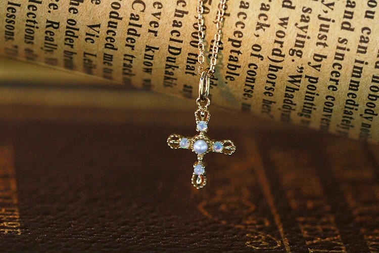 Vintage fire opal pearl pendant necklace unique crosses opal pendant 9k/14k/18k yellow gold art deco pendant necklace promise gift for women - PENFINE