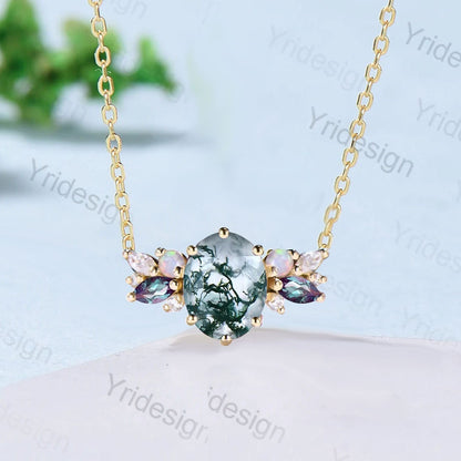 Unique Moss Agate Pendant Necklace Women Alternative Alexandrite Opal Green Agate Vintage Nature Inspired Cluster Moissanite Promise Gift - PENFINE