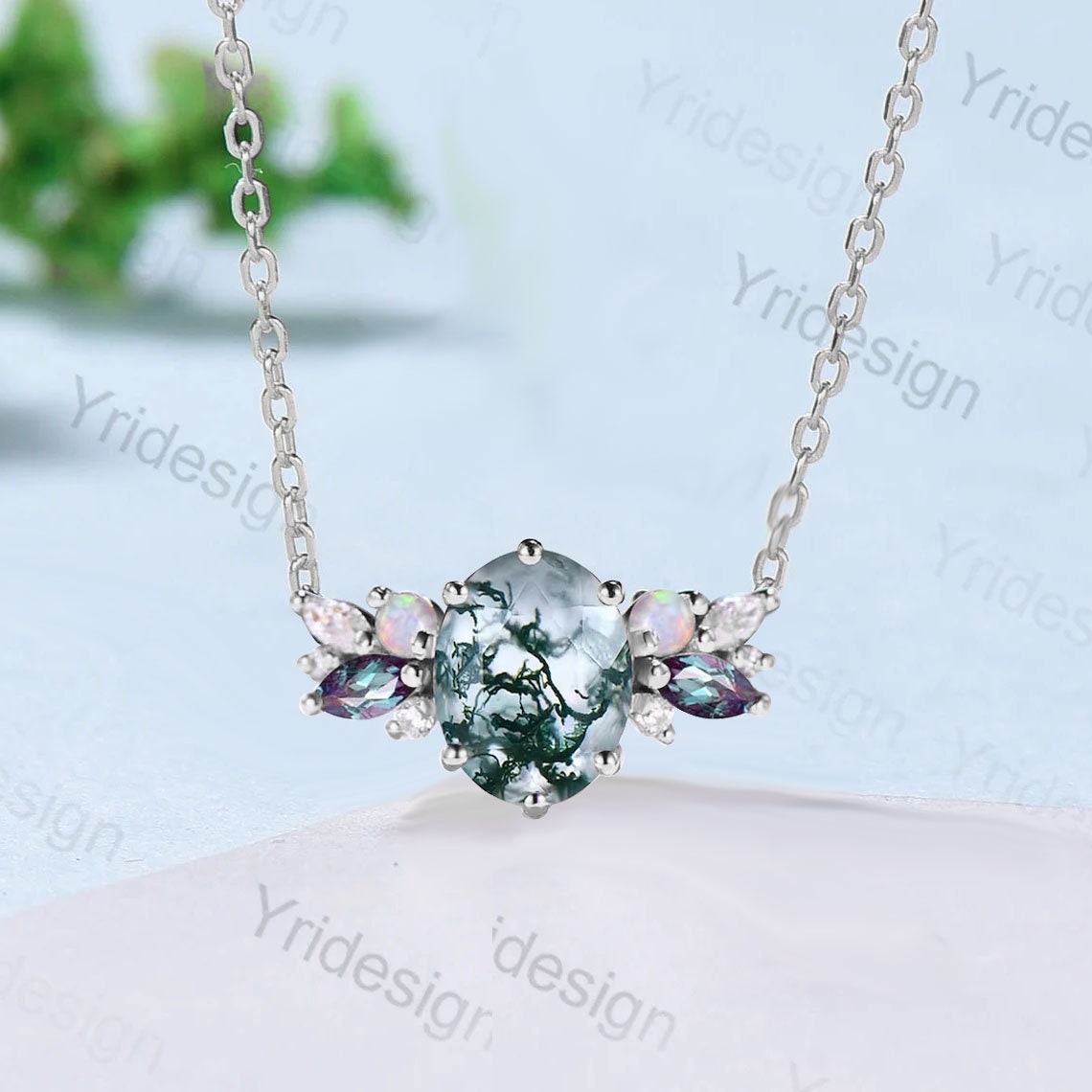 Unique Moss Agate Pendant Necklace Women Alternative Alexandrite Opal Green Agate Vintage Nature Inspired Cluster Moissanite Promise Gift - PENFINE