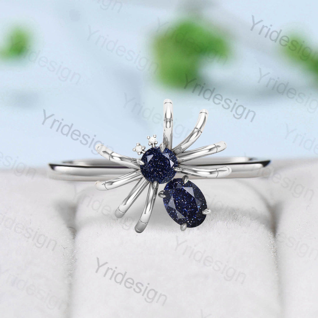 Antique spider blue sandstone engagement ring vintage silver rose gold gothic blue goldstone wedding ring for women handmade Proposal gift - PENFINE