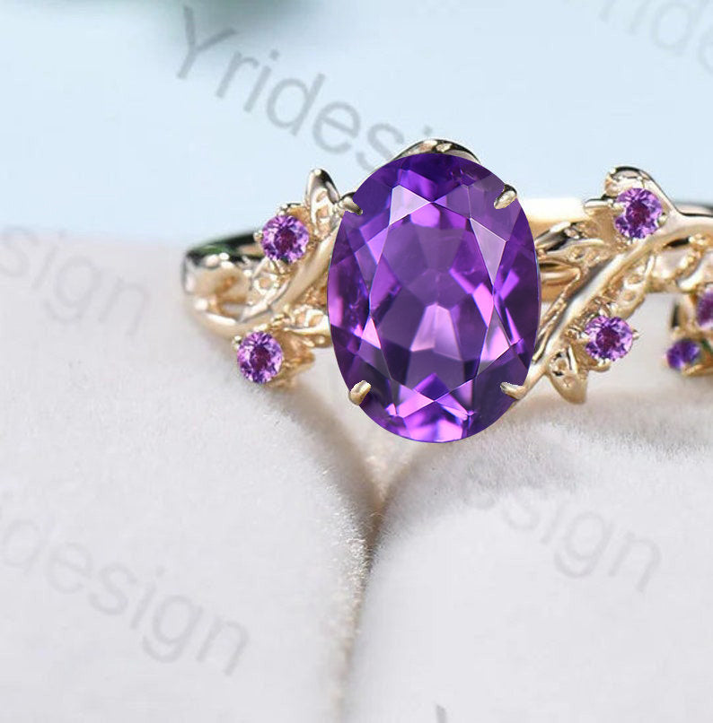 Nature Inspired amethyst ring set cluster rose gold purple amethyst engagement ring vintage unique Leaf crystal wedding ring set for women - PENFINE