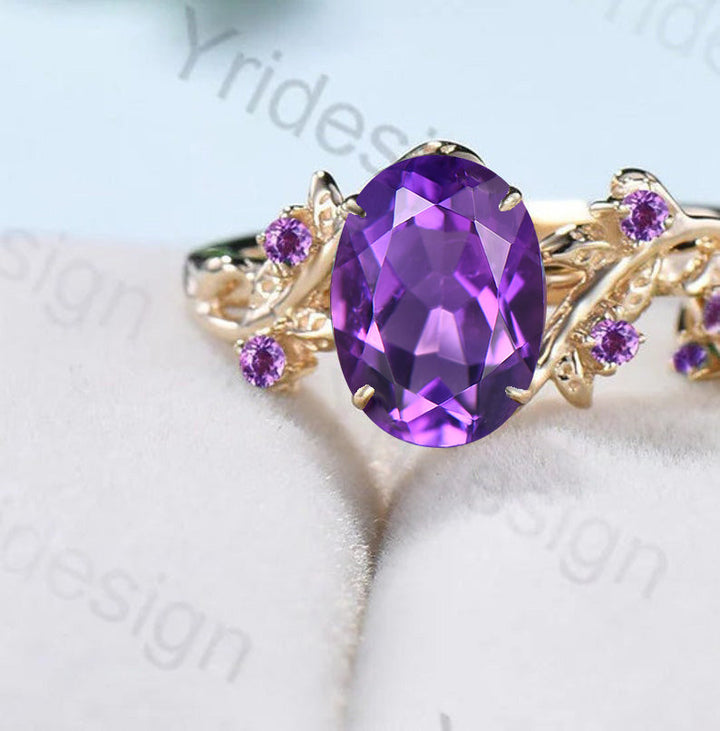 Nature Inspired amethyst ring set cluster rose gold purple amethyst engagement ring vintage unique Leaf crystal wedding ring set for women - PENFINE