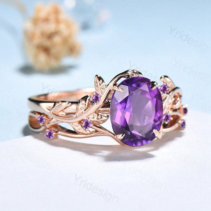 Nature Inspired amethyst ring set cluster rose gold purple amethyst engagement ring vintage unique Leaf crystal wedding ring set for women - PENFINE