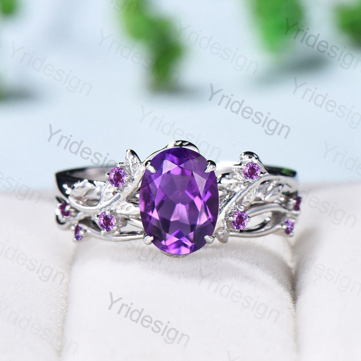 Nature Inspired amethyst ring set cluster rose gold purple amethyst engagement ring vintage unique Leaf crystal wedding ring set for women - PENFINE