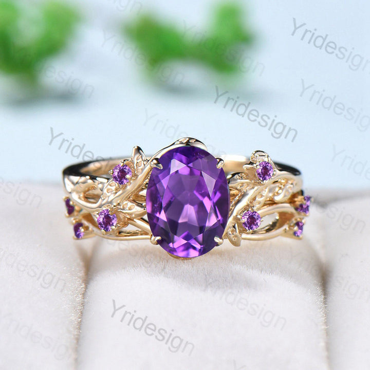 Nature Inspired amethyst ring set cluster rose gold purple amethyst engagement ring vintage unique Leaf crystal wedding ring set for women - PENFINE