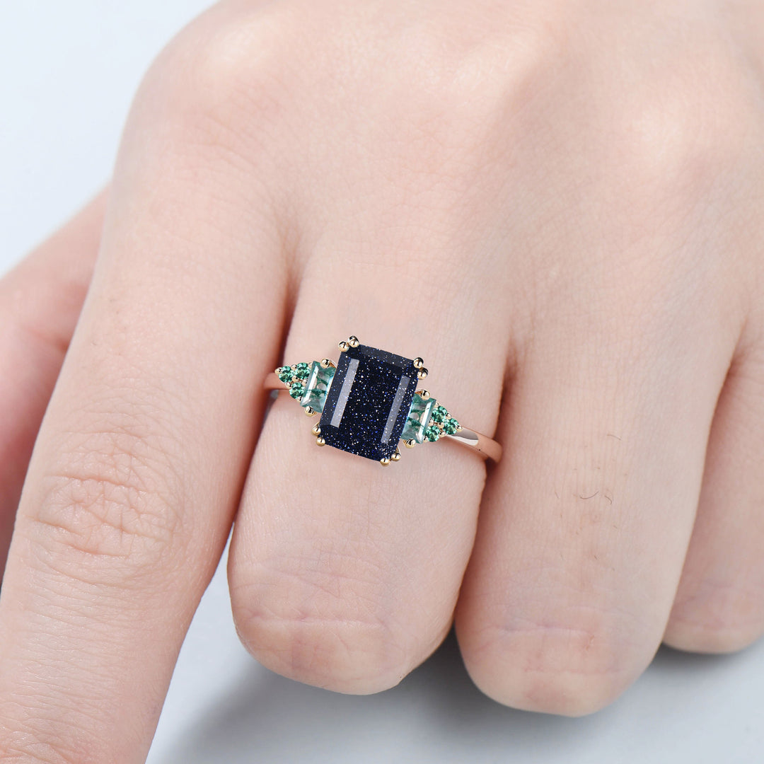 Vintage 7x9mm Emerald Cut Blue Sandstone Ring 8 Prongs Cluster Baguette Aquatic Agate Engagement Ring Unique Crystal Wedding Ring Women - PENFINE