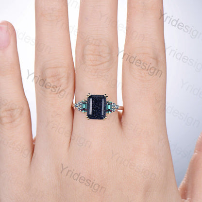 Unique 7x9mm Emerald Cut Blue Sandstone Ring 8 Prongs Cluster Baguette Alexandrite Gold Stone Engagement Ring Crystal Wedding Ring for Women - PENFINE