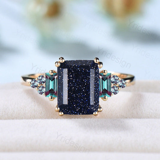 Unique 7x9mm Emerald Cut Blue Sandstone Ring 8 Prongs Cluster Baguette Alexandrite Gold Stone Engagement Ring Crystal Wedding Ring for Women - PENFINE