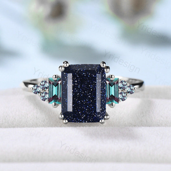 Unique 7x9mm Emerald Cut Blue Sandstone Ring 8 Prongs Cluster Baguette Alexandrite Gold Stone Engagement Ring Crystal Wedding Ring for Women - PENFINE