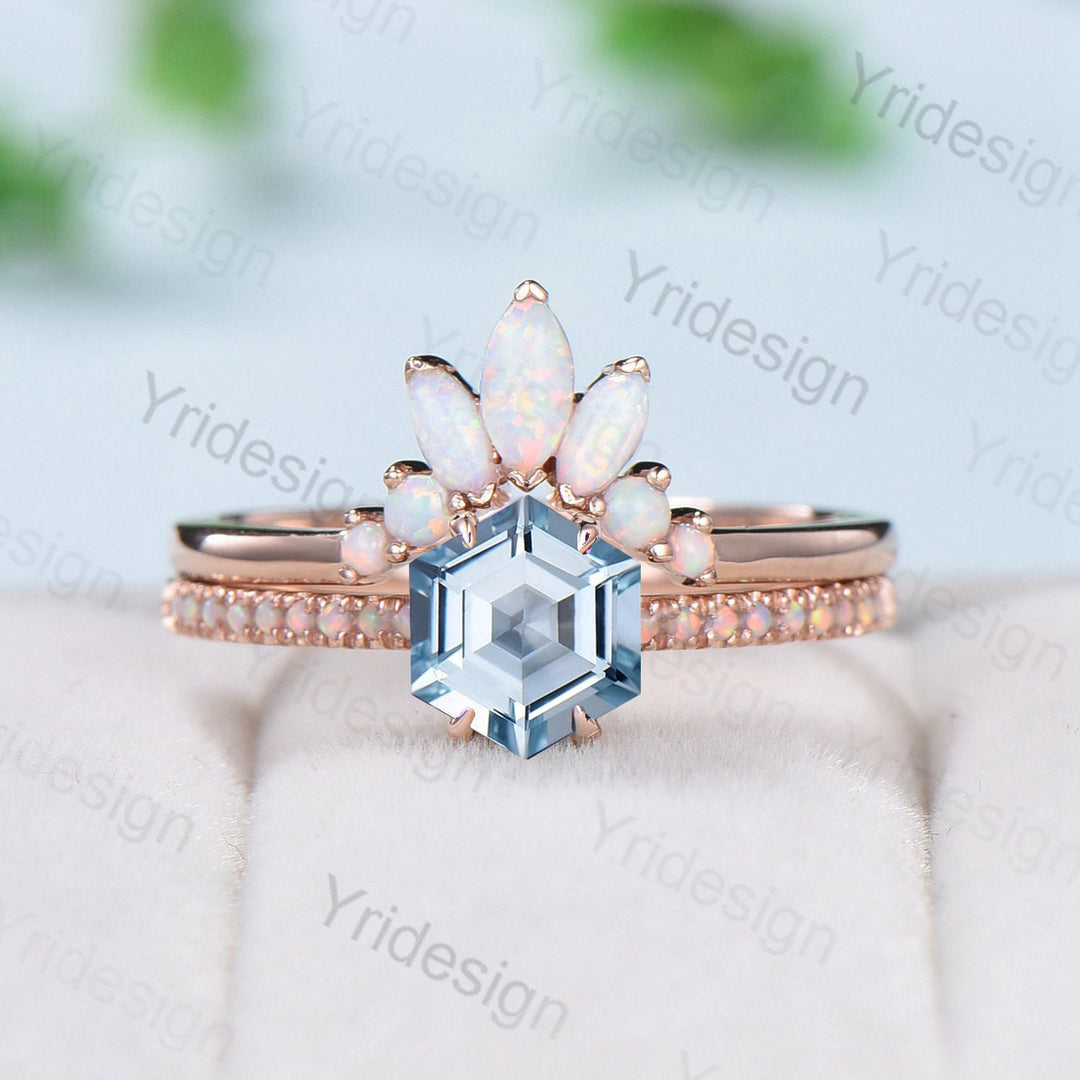 Vintage aquamarine engagement ring set rose gold art deco fire opal Natural aquamarine wedding ring set for women Unique stacking bridal set - PENFINE