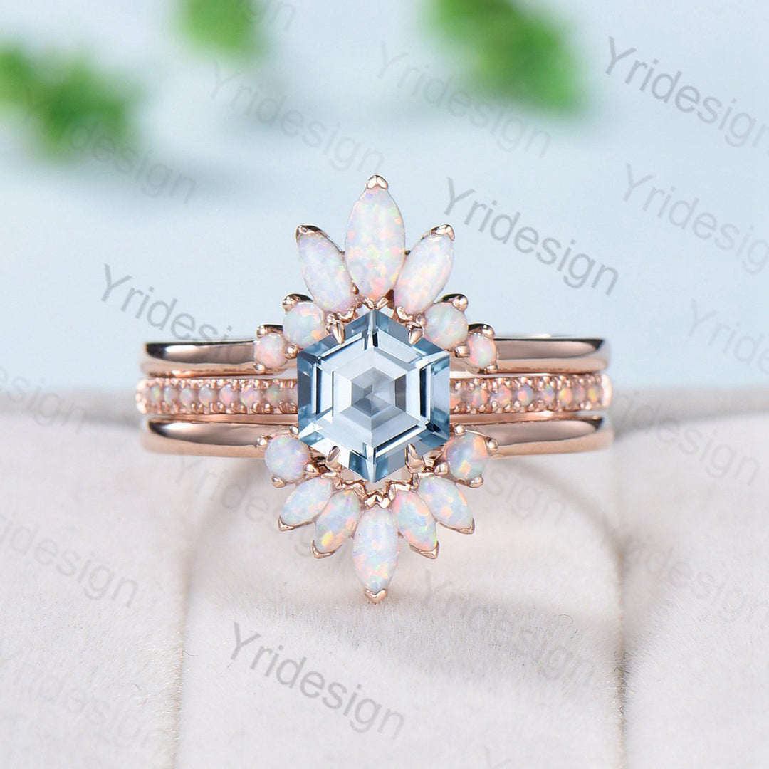 Vintage aquamarine engagement ring set rose gold art deco fire opal Natural aquamarine wedding ring set for women Unique stacking bridal set - PENFINE