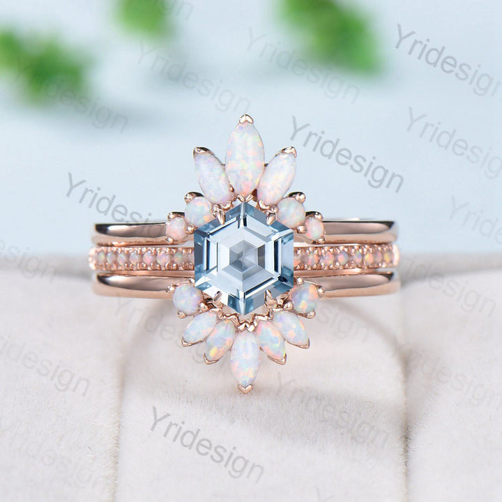 Vintage aquamarine engagement ring set rose gold art deco fire opal Natural aquamarine wedding ring set for women Unique stacking bridal set - PENFINE