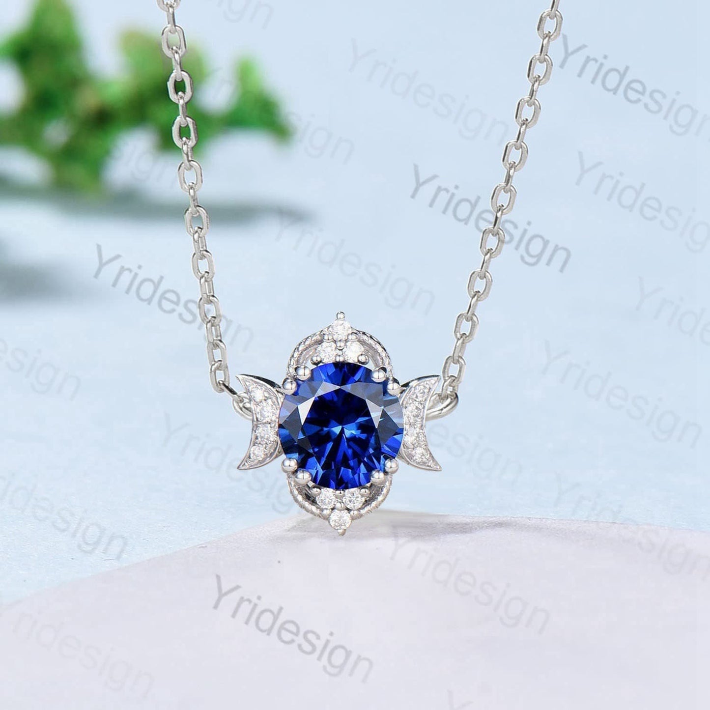 Nature Inspired Sapphire Pendant Necklace Vintage Unique Moon Style Pendant Necklace Rose Gold Art Deco Cute Sapphire Promise Gift for Women - PENFINE