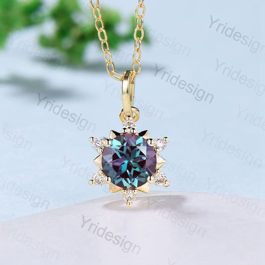 Vintage 1CT Round Alexandrite Pendant Necklace June Birthstone Floral Color changing Stone Pendant Necklace Cute Anniversary Gift for Women - PENFINE