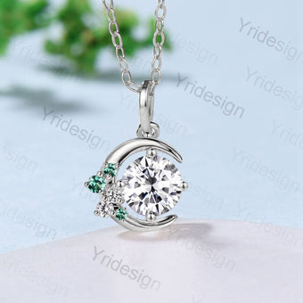 Vintage Crescent moon Moissanite pendant necklace unique celestial moon pendant necklace emerald necklace delicate Handmade Gift For Women - PENFINE
