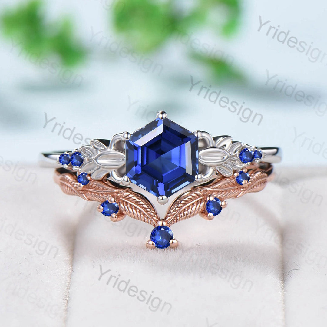 Nature Inspired Blue Sapphire Ring Vintage Unique Lab Sapphire Engagement Ring Art Deco Floral Flower Moissanite Wedding Set For Women - PENFINE