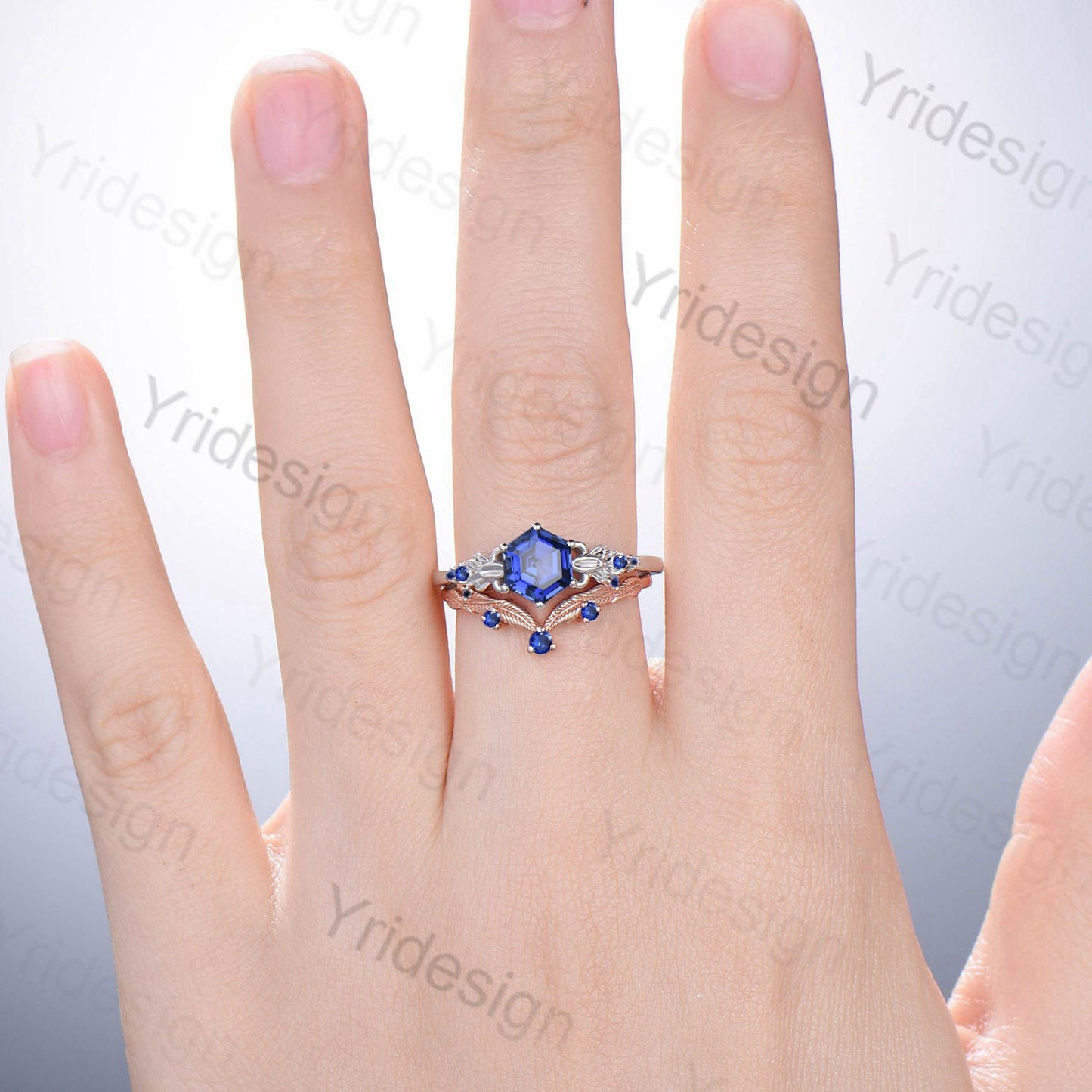 Nature Inspired Blue Sapphire Ring Vintage Unique Lab Sapphire Engagement Ring Art Deco Floral Flower Moissanite Wedding Set For Women - PENFINE