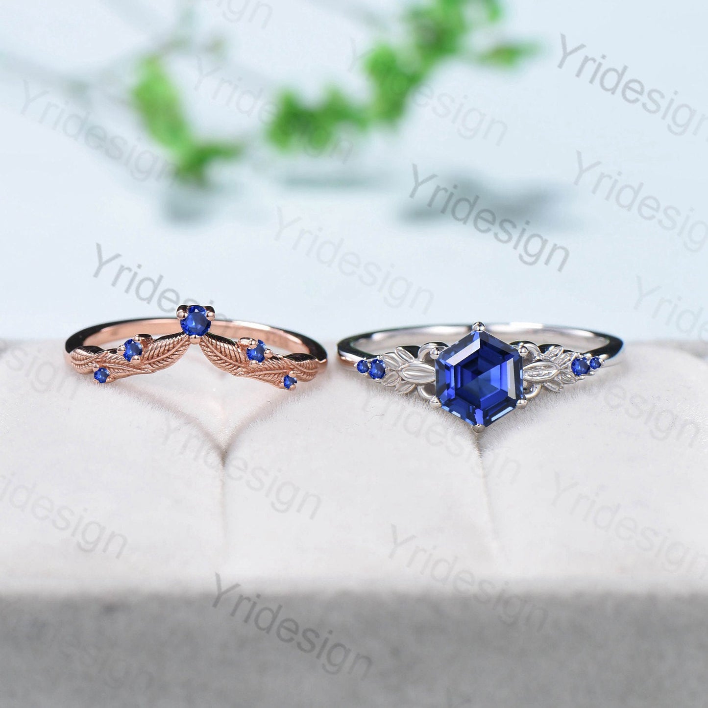 Nature Inspired Blue Sapphire Ring Vintage Unique Lab Sapphire Engagement Ring Art Deco Floral Flower Moissanite Wedding Set For Women - PENFINE