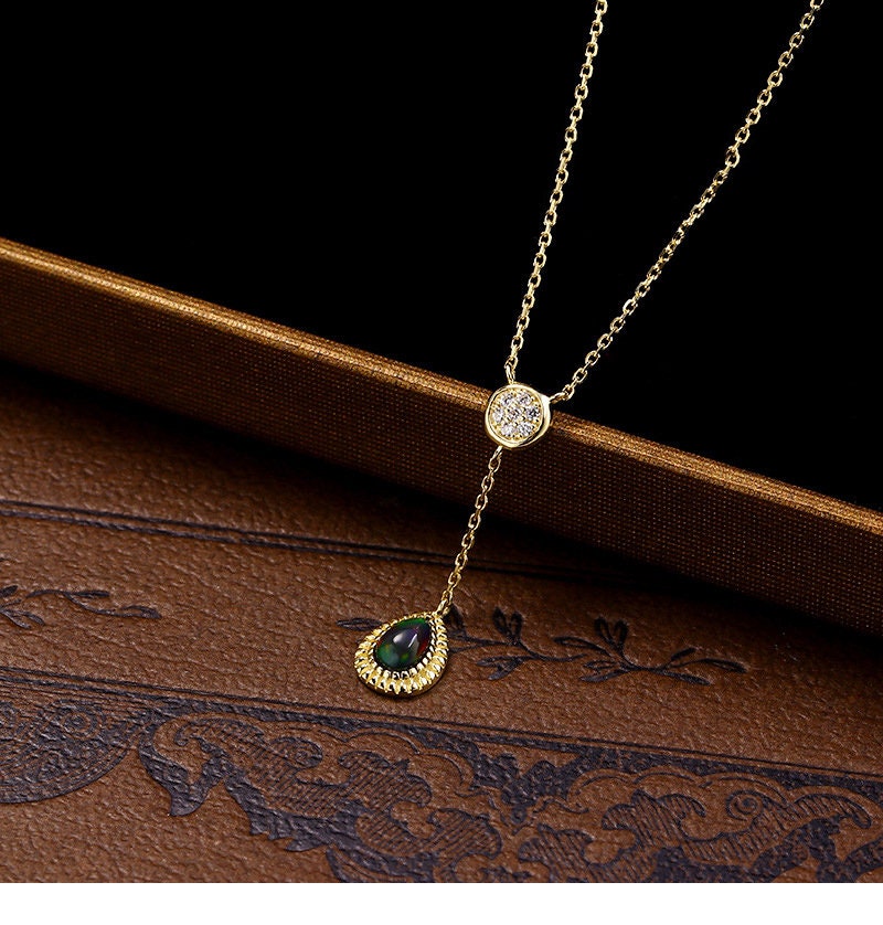 Vintage black opal pendant necklace Unique fire black opal solid 9k/14k/18k yellow gold  pendant floral moissanite pendant necklace for girl - PENFINE