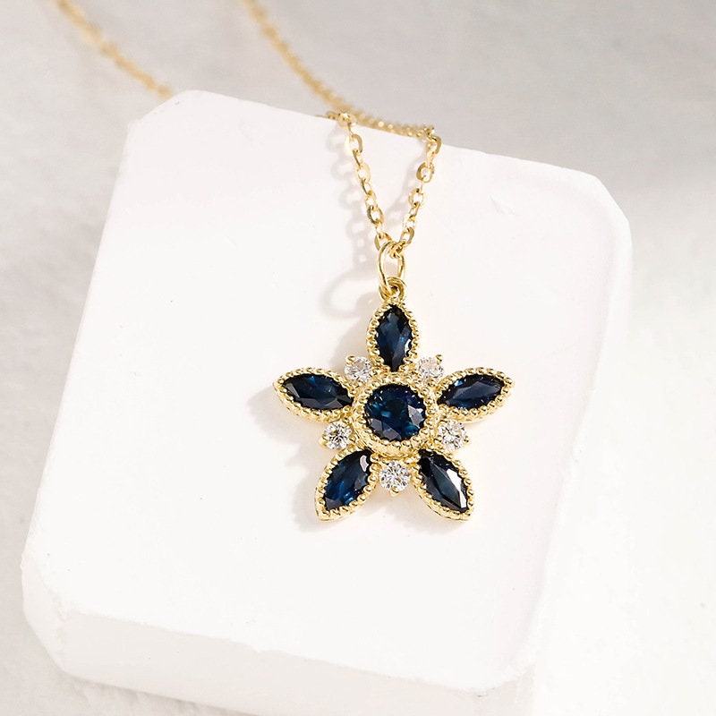 18K yellow gold teal sapphire pendant necklace vintage blue sapphire diamond pendant necklace floral necklace engagement gift for women - PENFINE