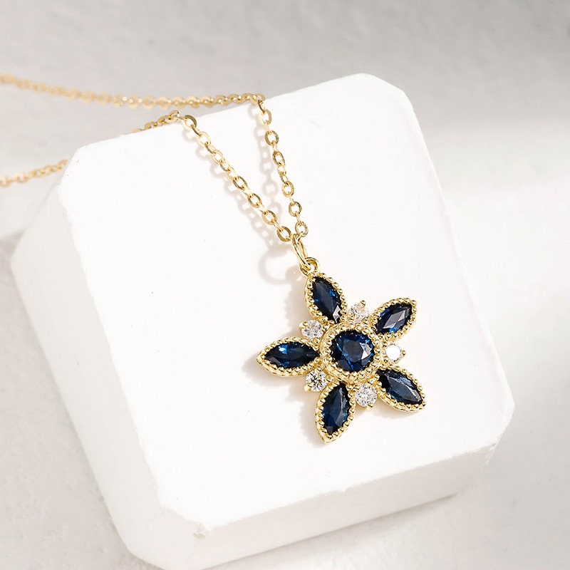 18K yellow gold teal sapphire pendant necklace vintage blue sapphire diamond pendant necklace floral necklace engagement gift for women - PENFINE