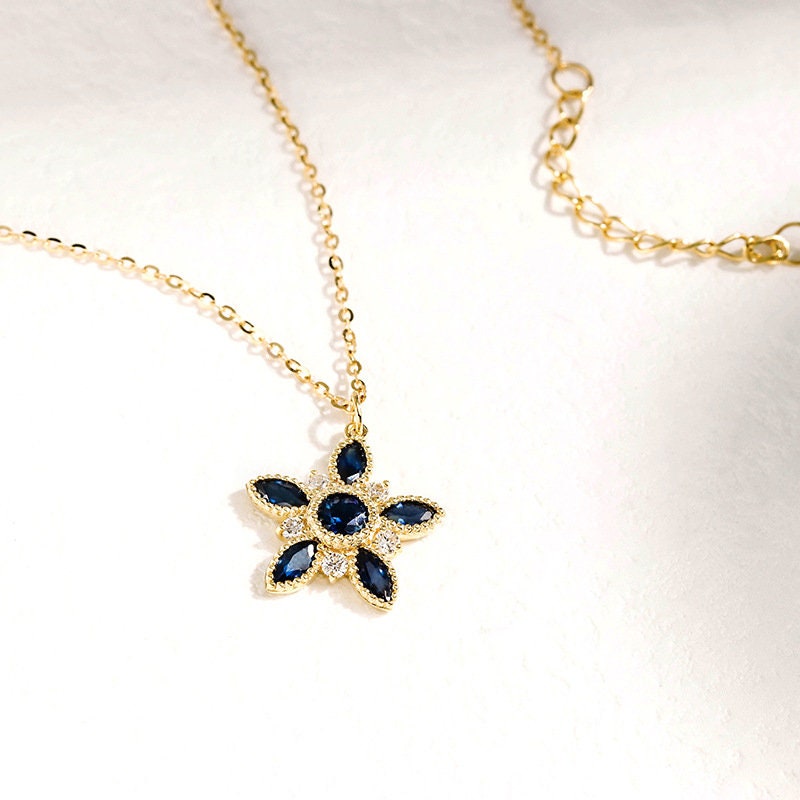 18K yellow gold teal sapphire pendant necklace vintage blue sapphire diamond pendant necklace floral necklace engagement gift for women - PENFINE
