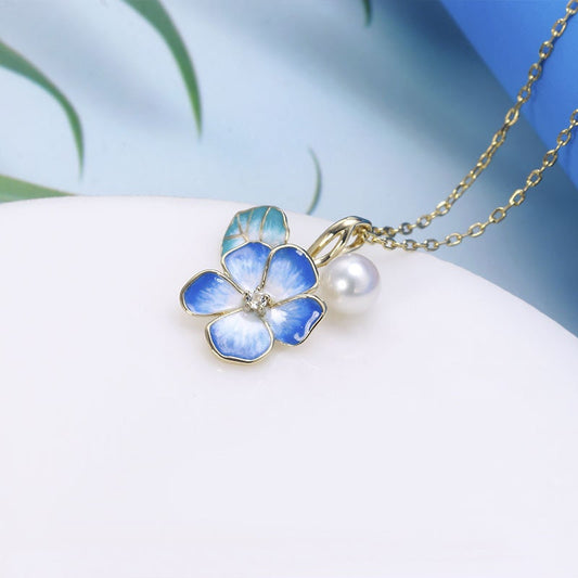 Nature inspired pearl pendant necklace vintage leaves flower pendant 9k/14k/18k yellow gold enamel pendant necklace promise gift for women - PENFINE