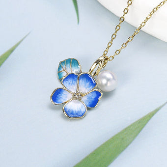Nature inspired pearl pendant necklace vintage leaves flower pendant 9k/14k/18k yellow gold enamel pendant necklace promise gift for women - PENFINE