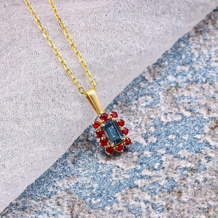 Vintage London blue topaz pendant necklace halo ruby topaz pendant 9k/14k/18k rose gold necklace promise engagement gift for women - PENFINE