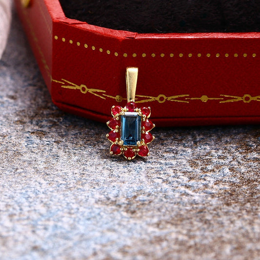Vintage London blue topaz pendant necklace halo ruby topaz pendant 9k/14k/18k rose gold necklace promise engagement gift for women - PENFINE