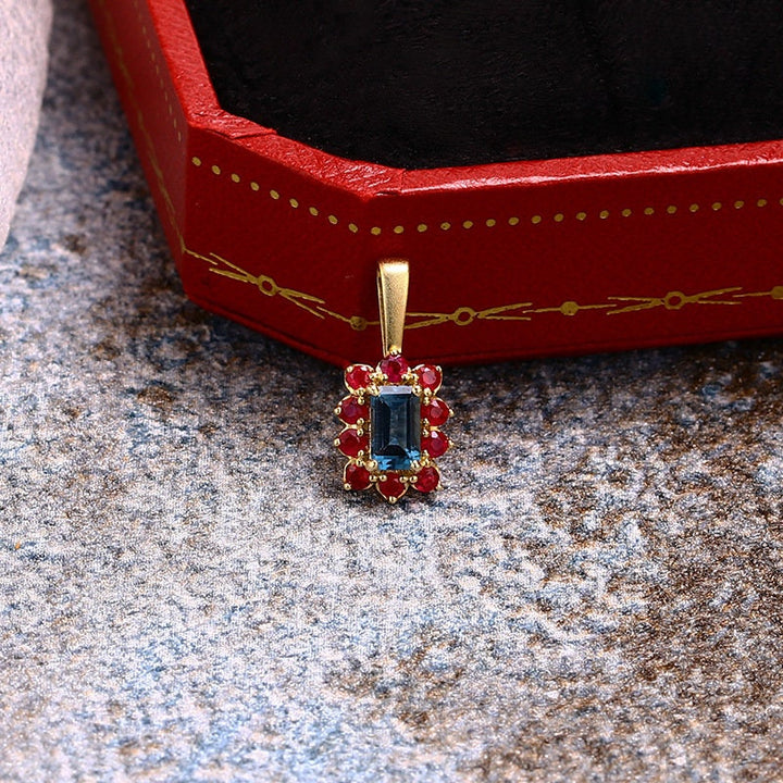 Vintage London blue topaz pendant necklace halo ruby topaz pendant 9k/14k/18k rose gold necklace promise engagement gift for women - PENFINE