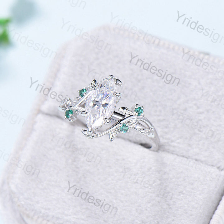 Elegant Moissanite Engagement Ring Marquise Cut Vintage Unique Twig Leaf Cluster Emerald Wedding Ring for Women Natural inspired Branch Ring - PENFINE