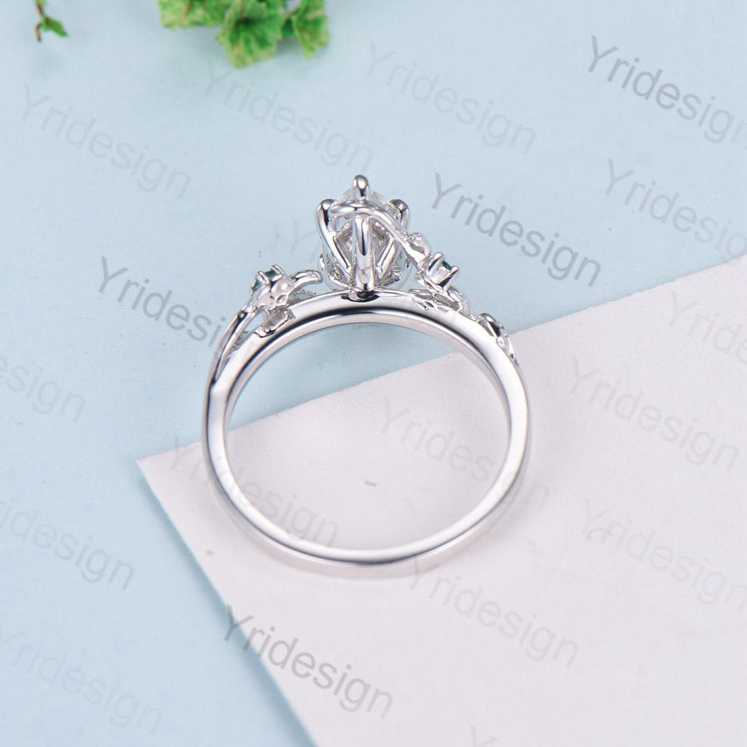 Elegant Moissanite Engagement Ring Marquise Cut Vintage Unique Twig Leaf Cluster Emerald Wedding Ring for Women Natural inspired Branch Ring - PENFINE