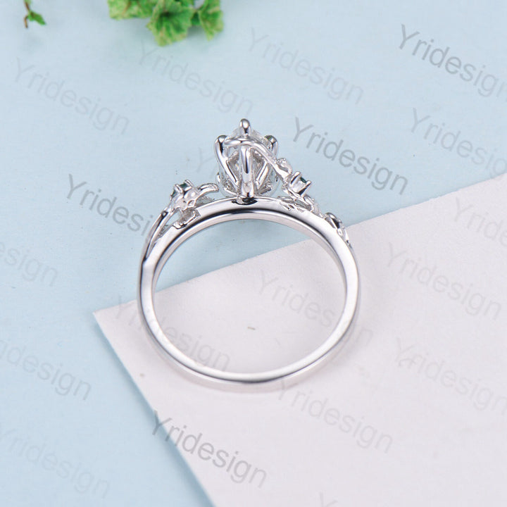 Elegant Moissanite Engagement Ring Marquise Cut Vintage Unique Twig Leaf Cluster Emerald Wedding Ring for Women Natural inspired Branch Ring - PENFINE