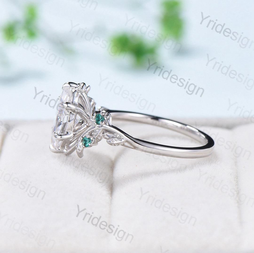 Elegant Moissanite Engagement Ring Marquise Cut Vintage Unique Twig Leaf Cluster Emerald Wedding Ring for Women Natural inspired Branch Ring - PENFINE