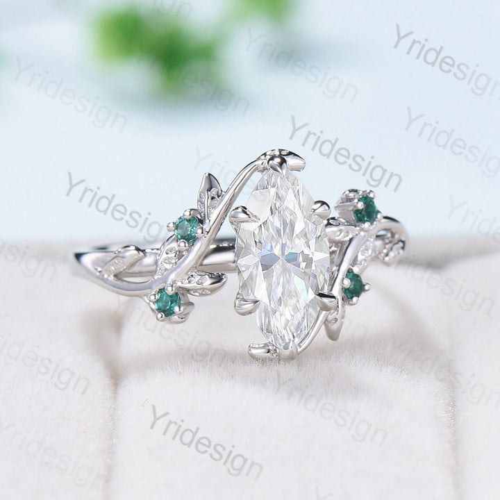 Elegant Moissanite Engagement Ring Marquise Cut Vintage Unique Twig Leaf Cluster Emerald Wedding Ring for Women Natural inspired Branch Ring - PENFINE