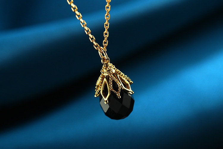 Vintage black onyx pendant necklace Unique rhombus solid 9k/14k/18k yellow gold black stone pendant floral pendant necklace for girl - PENFINE