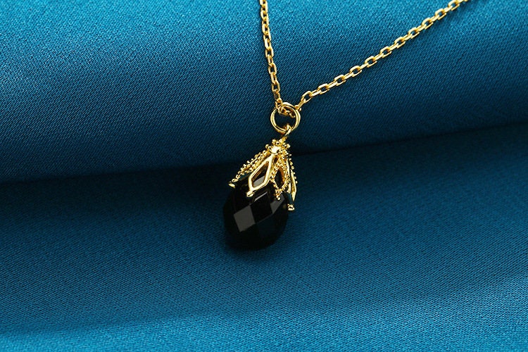 Vintage black onyx pendant necklace Unique rhombus solid 9k/14k/18k yellow gold black stone pendant floral pendant necklace for girl - PENFINE