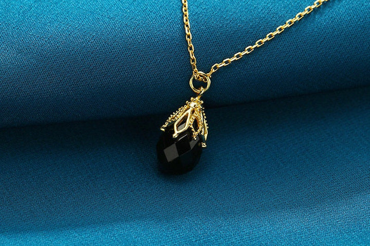 Vintage black onyx pendant necklace Unique rhombus solid 9k/14k/18k yellow gold black stone pendant floral pendant necklace for girl - PENFINE