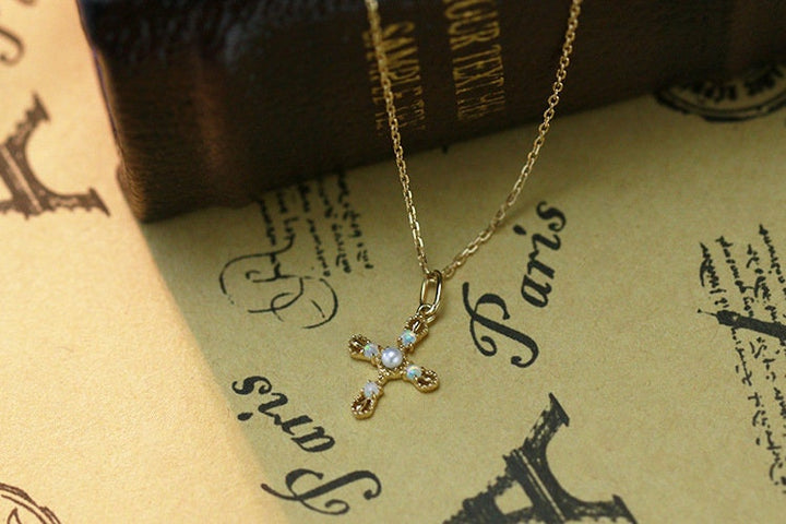 Vintage fire opal pearl pendant necklace unique crosses opal pendant 9k/14k/18k yellow gold art deco pendant necklace promise gift for women - PENFINE